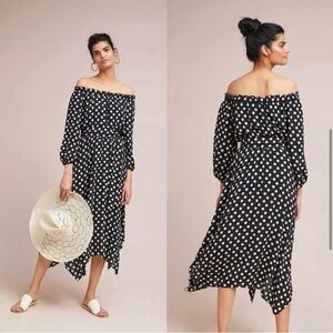 Anthropologie Maeve Belted Dotted Off The Shoulder Midi Dress Sz 2 Black